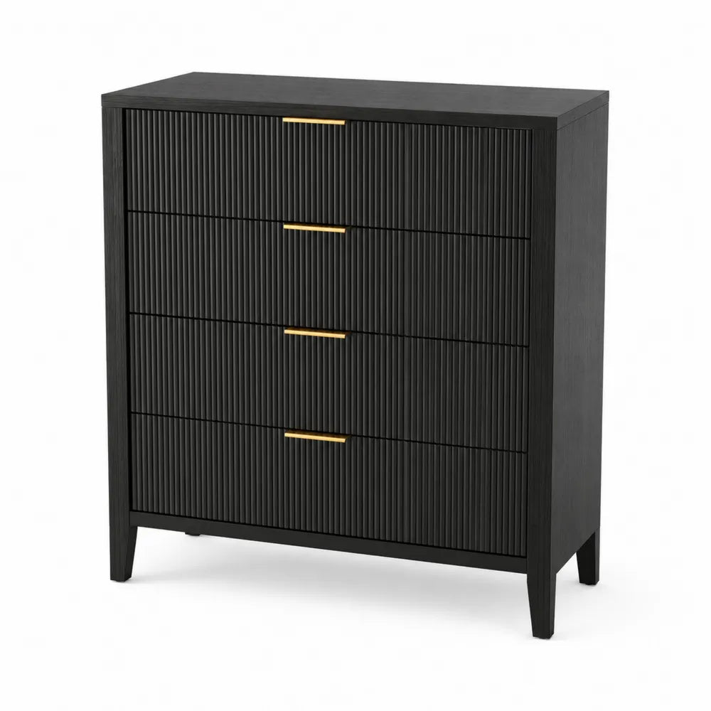 Komoda drewniana czarna, 4 szuflady z metalowymi uchwytami
