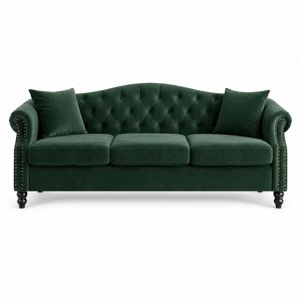 Zielona aksamitna sofa 3-osobowa z drewnianymi nogami