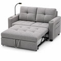 Rozkładana sofa z tkaniny w kolorze szarym z uchwytami na kubki i lampką LED