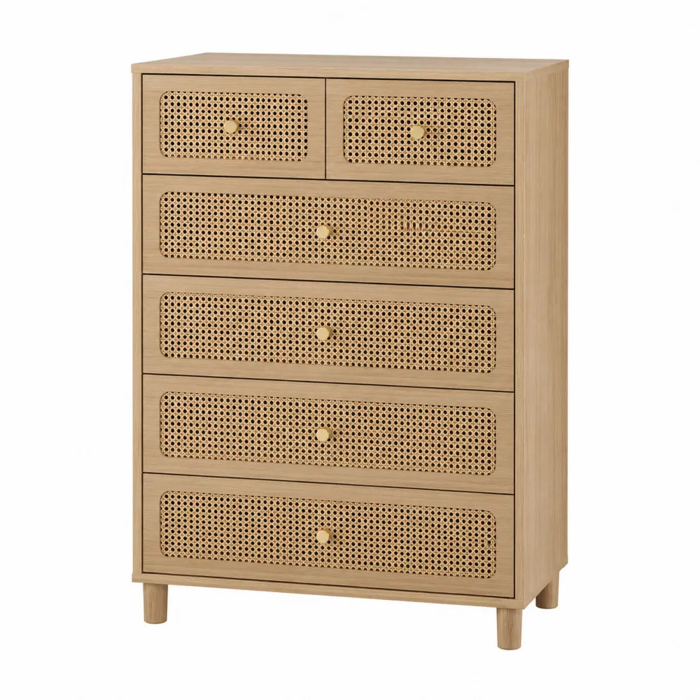 Komoda drewniana z frontami z rattanu 5 szuflad 120x80x40 cm