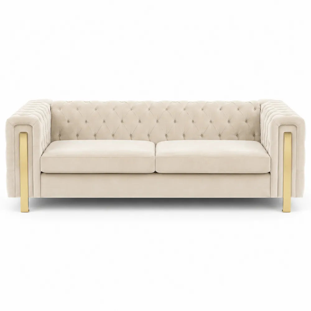 Sofa welur beżowy z metalowymi nogami