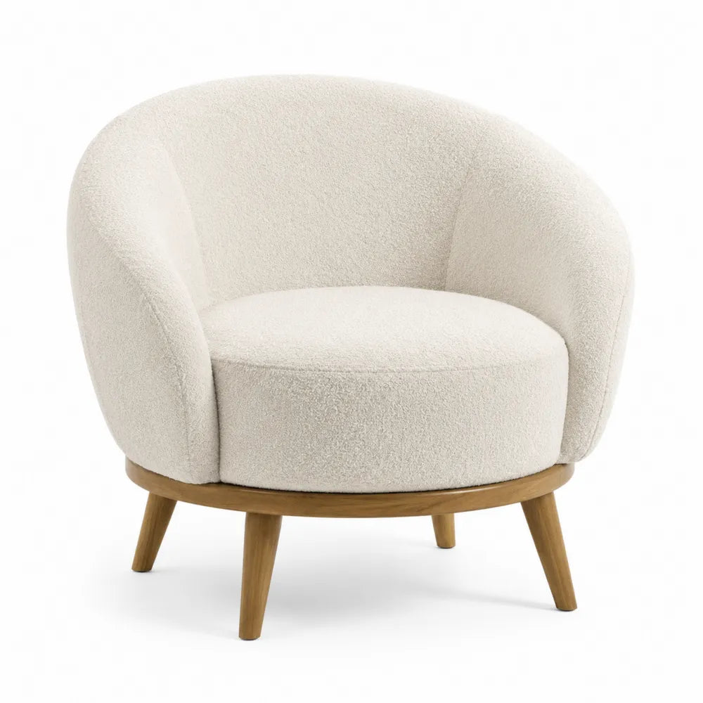 Fotel bouclé beżowy z drewnianymi nogami 85 cm