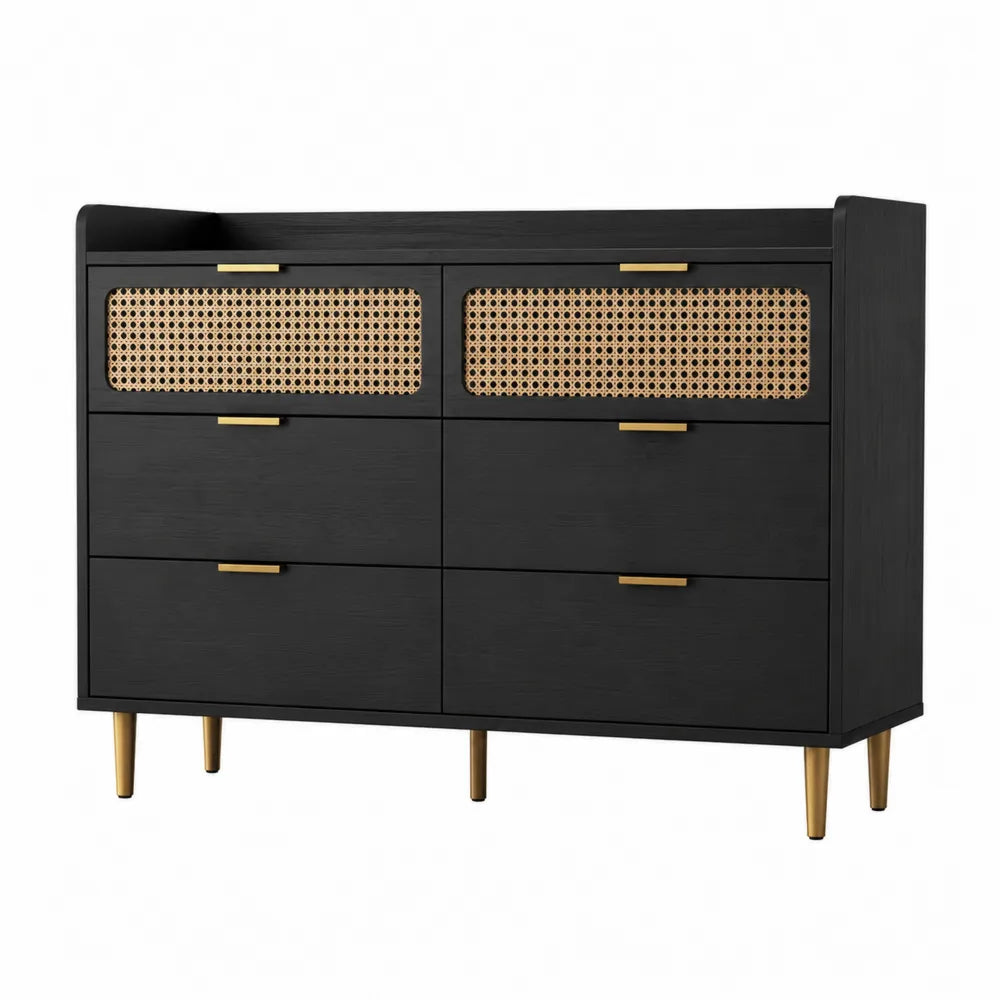 Komoda czarna z rattanem, 120x85x40 cm