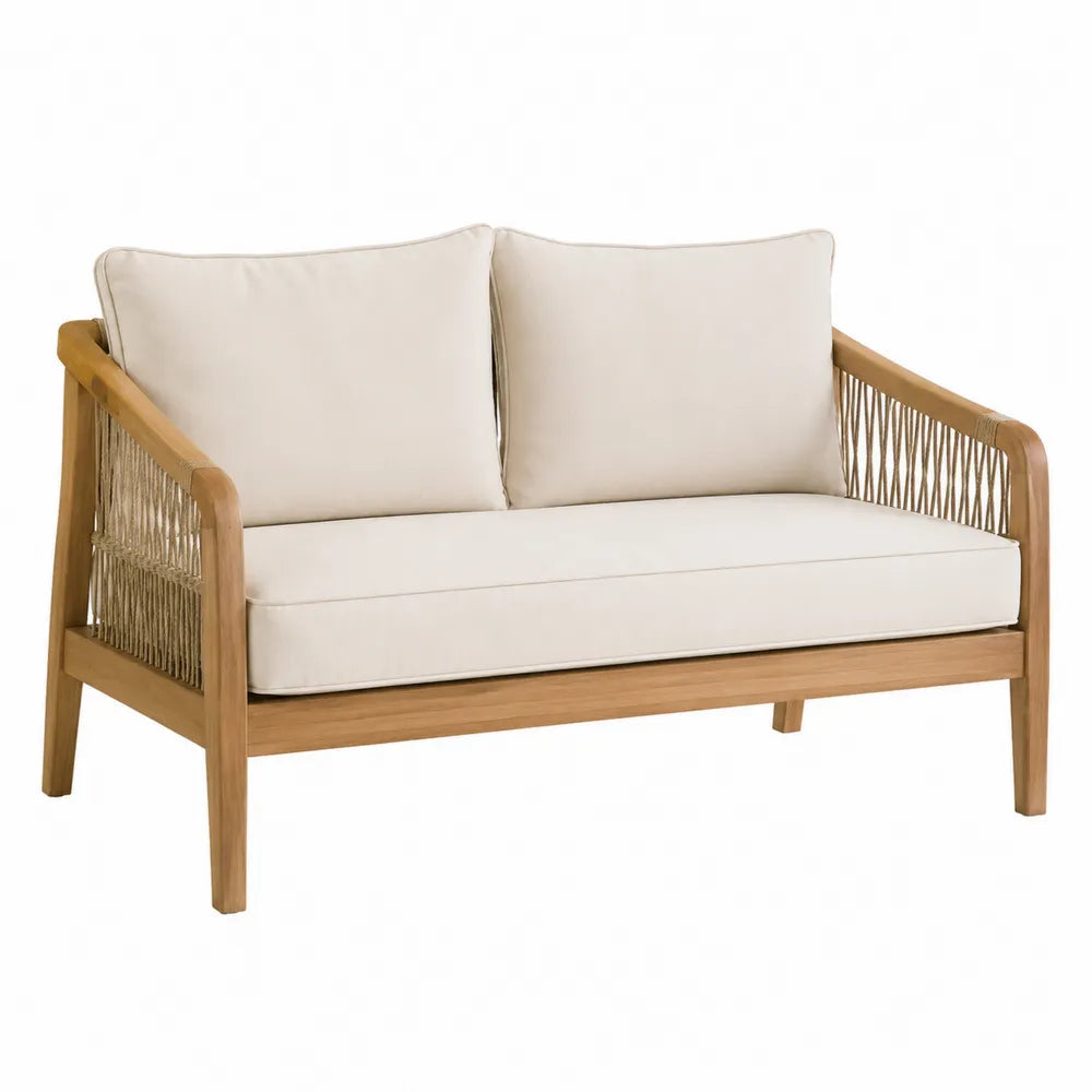 Dwuosobowa sofa z drewna akacjowego i plecionki, beżowa