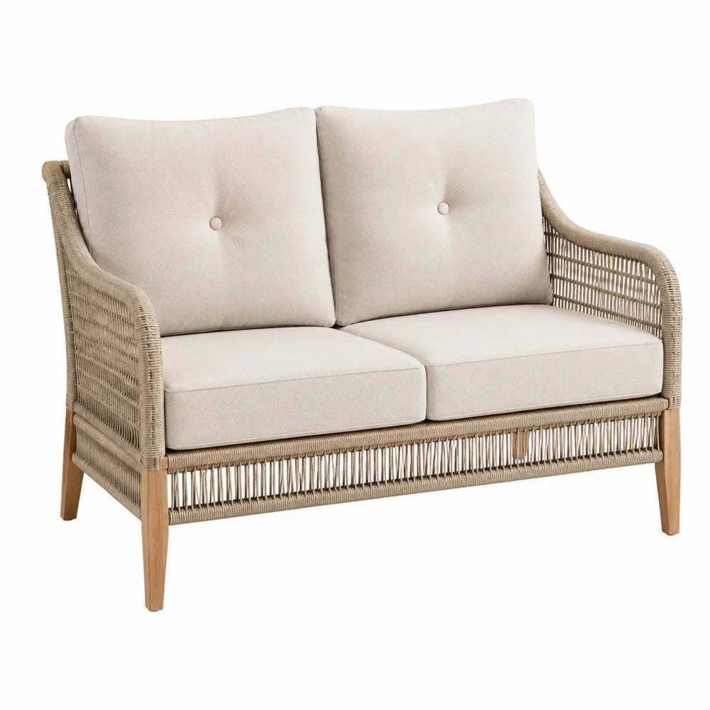 Dwuosobowa sofa z plecionki poliestrowej, kremowa, z drewnianymi nogami